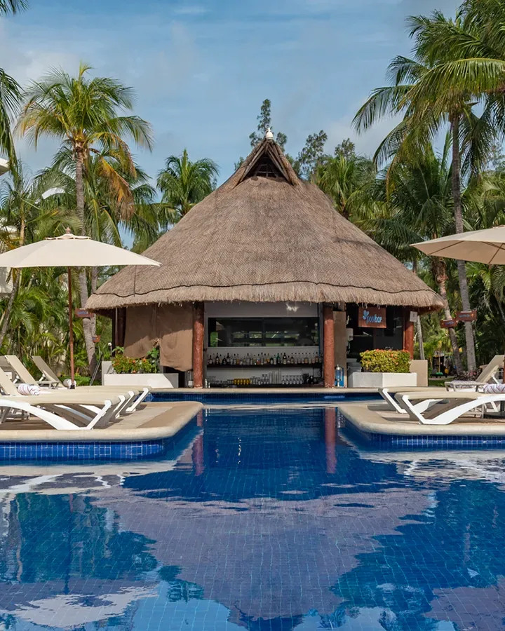 Alberca con palapa entre jardines
